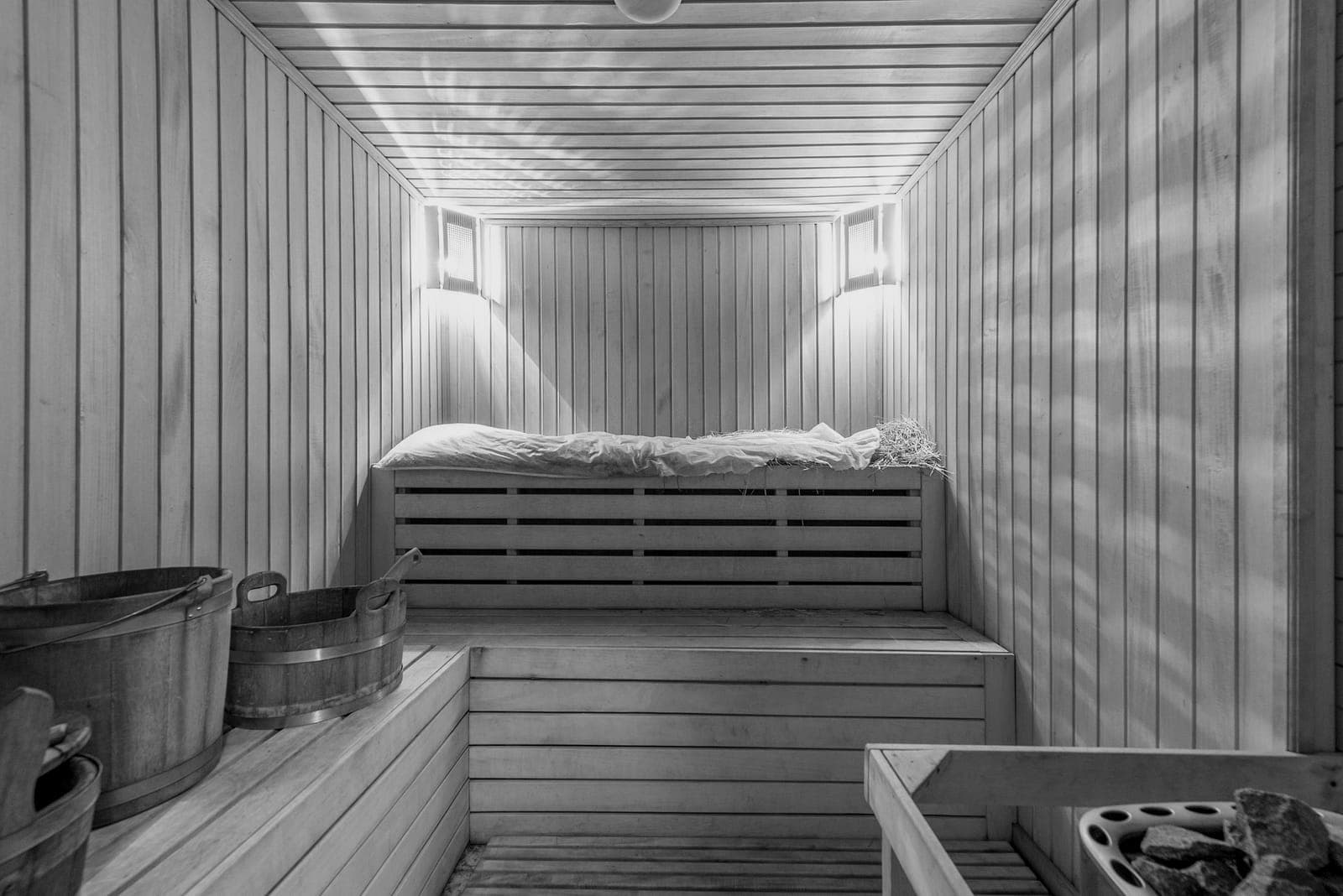 A quiet wooden sauna room.