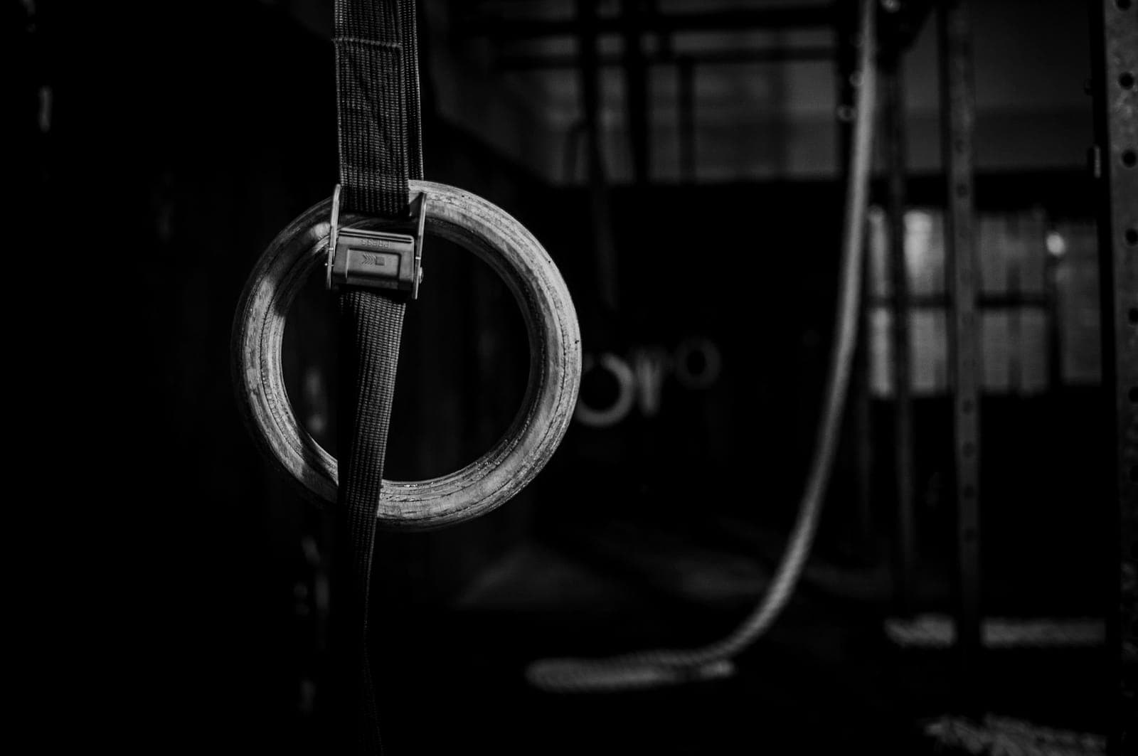 Gymnastic rings hang from a training rig.